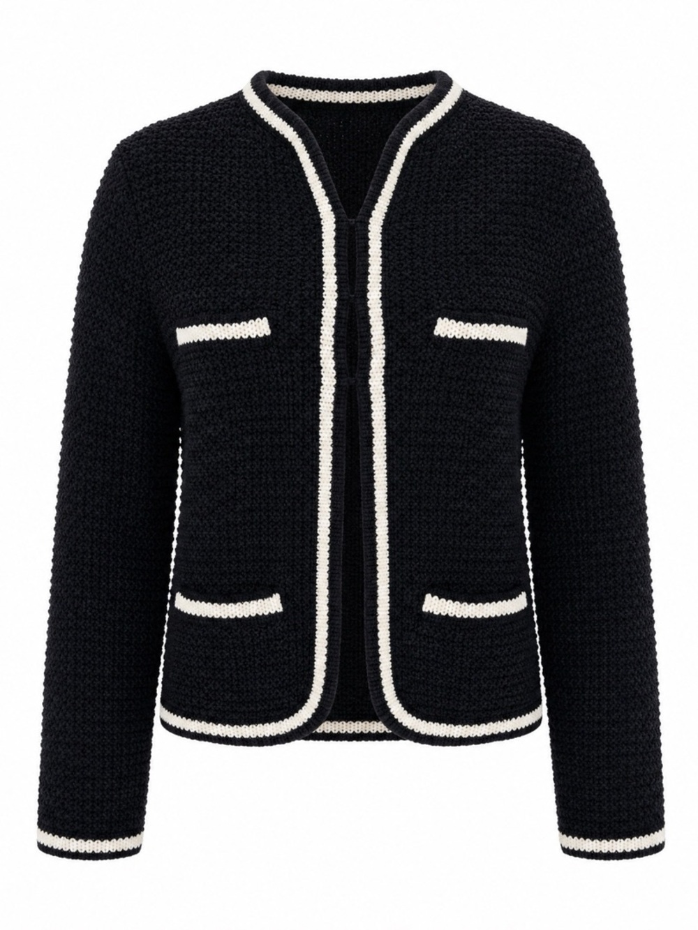 Maje Black Knit Jacket with Cream Trim